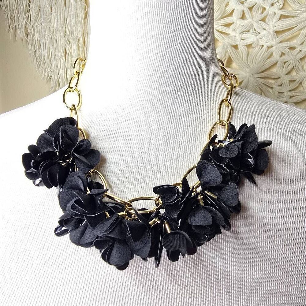 Talbots Fabric & Beaded Flower Statement Necklace Black Gold